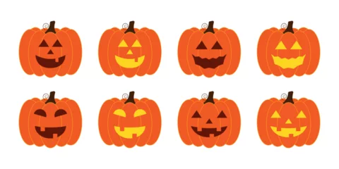 Foto op Plexiglas Vector illustration set of halloween pumpkins, scary and funny pumpkin faces, vector jack o lantern facial expressions characters. © NAVIN