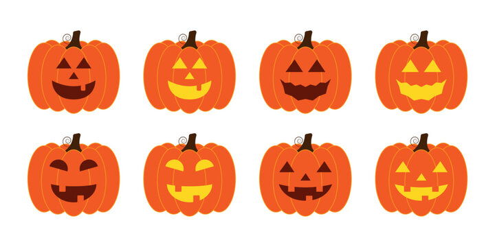 Vector illustration set of halloween pumpkins, scary and funny pumpkin faces, vector jack o lantern facial expressions characters.