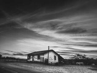 old abandoned house farm in black and white