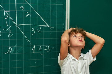 Portrait of a thoughtful boy student at the blackboard . Primary education