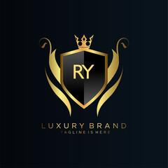 RY Letter Initial with Royal Template.elegant with crown logo vector, Creative Lettering Logo Vector Illustration. - obrazy, fototapety, plakaty
