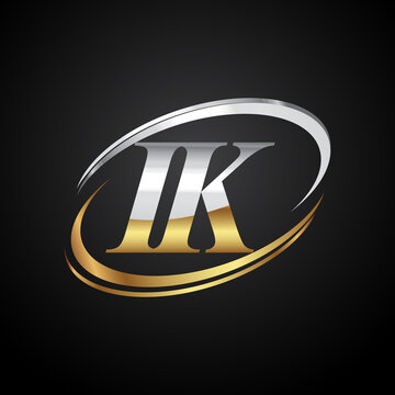 initial letter IK logotype company name colored gold and silver swoosh design. isolated on black background.