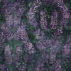 Dark moody purple and green tropical leaf seamless textural repeat pattern. Highly intricate and deeply detailed background swatch. Luxurious rich fashion textile feel.