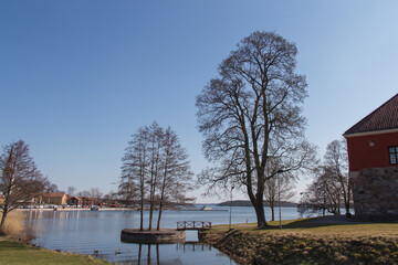 The view of bare trees and lake in a sunny day near Gripsholm Castle in spring, Mariefred, Sweden.