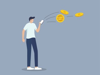 young adult man using mobile banking application to transfer money. online money transaction or mobile banking concept. Financial smart phone application.