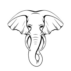 Contour elephant head with trunk and tusks. Wild mammal. Vector silhouette for coloring pages, logos, icons and your creativity.