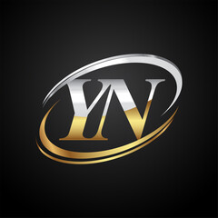 initial letter YN logotype company name colored gold and silver swoosh design. isolated on black background. - obrazy, fototapety, plakaty