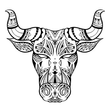 Outline illustration of a bull head with boho decoration. The symbol of the new year 2021. Contour native buffalo with horns. Vector illustration of animal head for logo, tattoo, icon and your design