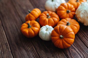 A group of miniature pumpkin on a wooden slat background