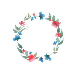 Hand-drawn wreath with red and blue watercolor flowers, white background. Suitable for greeting cards, invitations.