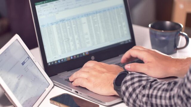 Adult working from home. Person typing on laptop keyboard. Morning coffe during work on laptop.