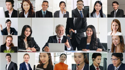 Business people group meeting in video conference on laptop monitor view. Online seminar application presented in cropped zoom view of computer screen. Communication technology for corporate working.