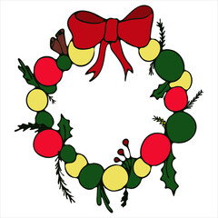 christmas wreath on the door made of balls, fir branches and bow with a green outline, cute winter doodles, vector set of elements in doodle style