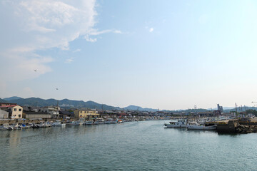 Fototapeta premium A view of a port town in southern Osaka on August 21, 2020