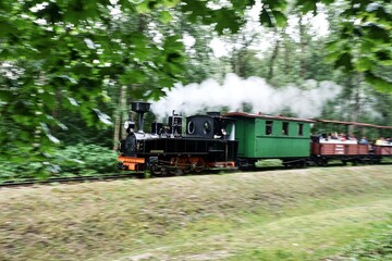 Fototapeta premium Narrow-gauge railway in an amusement park. Photo with a toy effect.