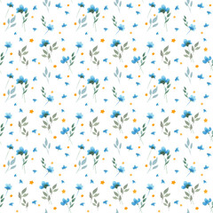 Floral pattern with blue watercolor flowers on white background. Hand drawn watercolor illustration.