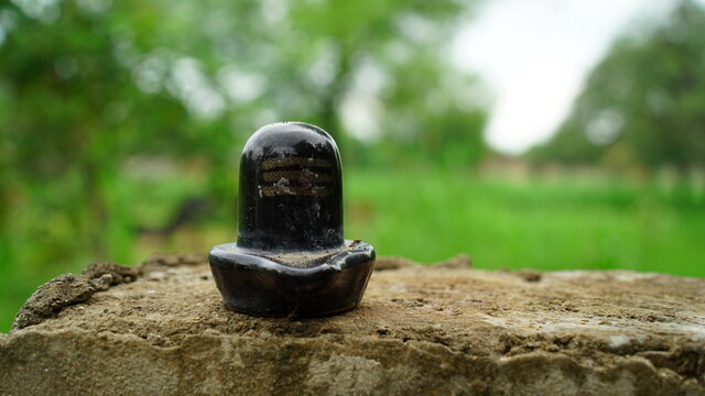 Selective focus on Shivalinga statue, isolated on rough column. Black idol made with marble. Symbol of God Shiva.