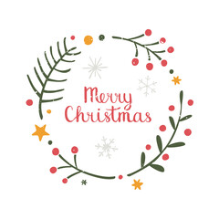 Cozy Christmas wreath frame with handwritten text. Ripe colored spruce branches, red berries, green leaves and snowflakes. Can be used for holiday decoration. Vector hand drawn illustration