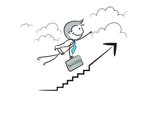 Vector illustration infographics of businessman, stickman flying upward with success on arrow ladder in clouds, infographic concept.