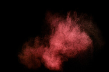 Red and pink powder explosion on black background. Colored powder cloud. Colorful dust explode. Paint Holi.