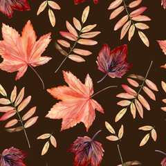 Watercolor hand painted seamless pattern with autumn leaves on brown background. Perfect for creating unique fall or thanksgiving design.