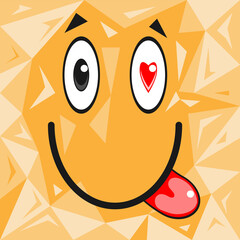 Cartoon face with eyes hearts and tongue vector illustration.