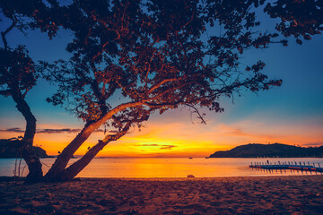 Indonesia ocean sunset, tree silhouette at sand beach near harbor. Cliff island with lights shore. ships at sea bay water. Clear sky at tropical resort. Amazing colorful nature landscape of Asia