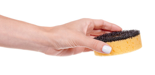 Hand with yellow cleaning sponge, isolated on white background.