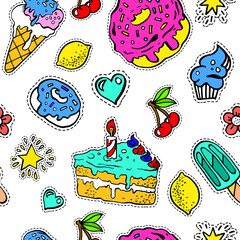 Birthday cake, donut and ice cream sweets seamless pattern