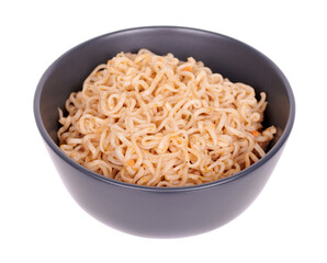 Asian instant noodle in dark bowl, isolated on white background.