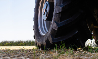 Bottom view of tractor. Close up of wheels