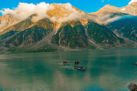 beautiful lake saiful malook and mountains reflection on water - KPK lake in the summer evening with clear sky
