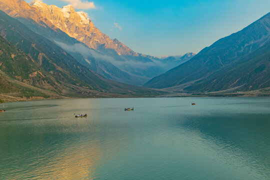 beautiful lake saiful malook and mountains reflection on water - KPK lake in the summer evening with clear sky