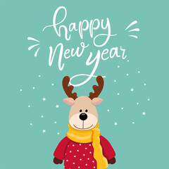 New year deer baby card on mint color background with stars and lettering. Vector illustration. Cartoon character