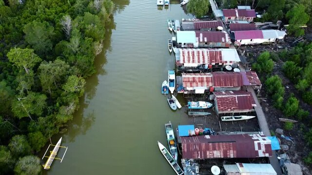 Aerial view of fisherman village in the mouth of the river. Location: Sangatta, East Kalimantan/Indonesia