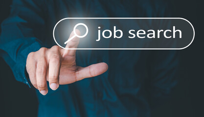 Businessman clicks on the Internet job search page on a computer touch screen, Networking Concept, Virtual Screen Concept.
