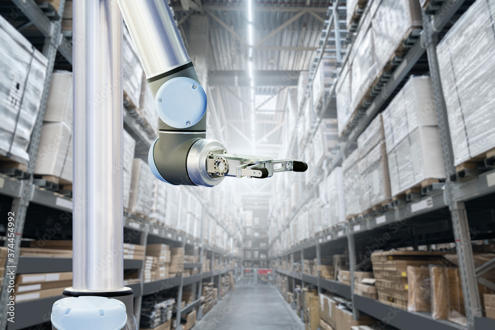 Poster robot arm works in an automatic warehouse