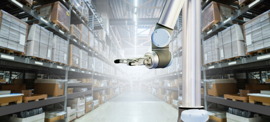 Robot arm works in an automatic warehouse	
