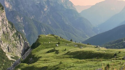 View from Mngart saddle. Beautiful Alp landscape in Slovenia. View of Italian mountains.