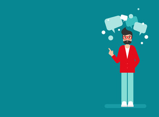 man with speech bubbles on blue background. Talk, chat message, communicate, messenger concept