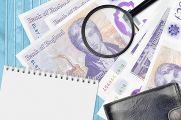 20 British pounds bills and magnifying glass with black purse and notepad. Concept of counterfeit...