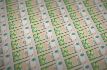 10 Sri Lankan rupees bills printed in illegal money production conveyor. Collage of many fake...