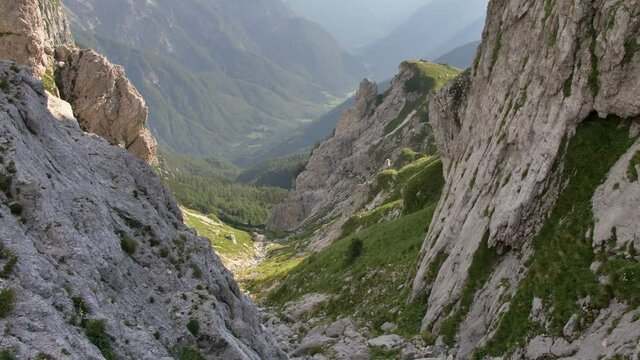 View from Mngart saddle. Beautiful Alp landscape in Slovenia. View of Italian mountains.