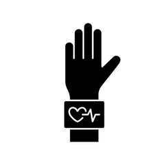 Fototapeta na wymiar Silhouette Digital wristband, heart rate check. Electronic blood pressure monitor. Outline illustration of measuring heartbeat on wrist, hand with cuff. Flat isolated vector icon on white background