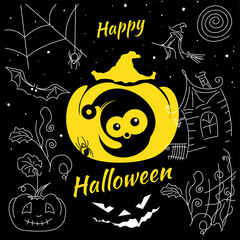 Happy Halloween. Little cute Ghost for the first time on Halloween. Mixed style, vector illustration for the design of postcards, banners. Vector on a black background.