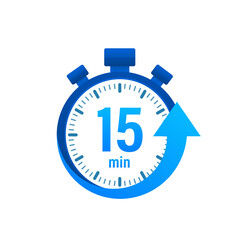 The 15 minutes, stopwatch vector icon. Stopwatch icon in flat style, timer on on color background. Vector illustration.