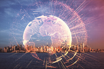 Double exposure of social network theme drawing and cityscape background. Concept of people...
