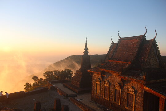Cambodia. Kampot city. Bokor mountain. Wat Sampov Pram. Buddhist Temple with a view. Fantastic Wat on the very top of Bokor, with one of the best views of Kampot, Cambodia, the islands.