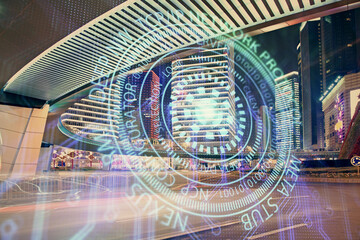 Data theme hologram drawing on city view with skyscrapers background double exposure. Ai concept.