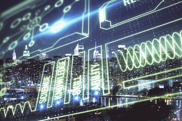 Double exposure of education theme drawing and cityscape background.